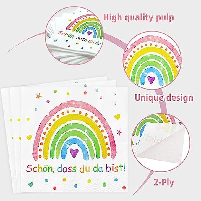 NAPKINS RAINBOW SCHN DASS DU DA BIST, PACK OF 60 NAPKINS FOR CHILDREN'S BIRTHDAY, BABY SHOWER, CHRISTENING, CONFIRMATION, COMMUNION TABLE DECORATION, FOR BOYS AND GIRLS (RAINBOW 60) - Image 4